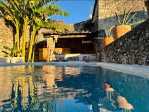 een zwembad voor een huis met palmbomen bij Chez les filles in Dions