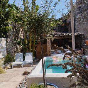 een zwembad met een boom in een tuin bij Chez les filles in Dions
