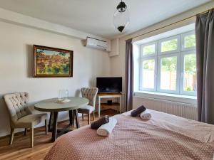 een slaapkamer met een bed, een tafel en een raam bij Apartmán Praha Břevnov in Praag
