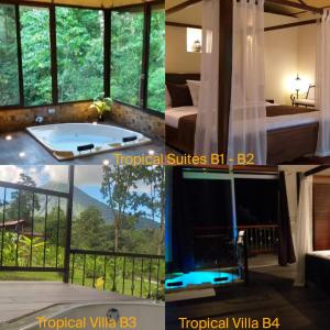 een collage van drie foto's van een hotelkamer met een bad bij Tropical Suites & Villas in Fortuna