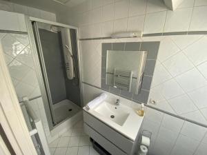 ein Bad mit einem Waschbecken, einer Dusche und einem Spiegel in der Unterkunft Maison & jardin proche Disney, Paris, Val d'Europe in Meaux