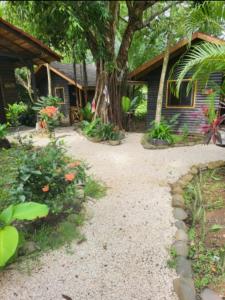 a yard with a house with a tree and flowers at Casa el Colibrí in Parrita