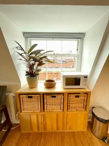 a microwave and a plant on a cabinet in front of a window at Bright 1 bed flat near Cabot Circus in Bristol