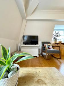 ein Wohnzimmer mit einem Flachbild-TV und einem Sofa in der Unterkunft Bright 1 bed flat near Cabot Circus in Bristol