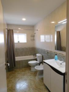a bathroom with a toilet and a tub and a sink at Casa da Veiga in Lago +27 photos