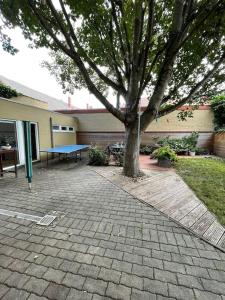 a tree in front of a house with a picnic table at JETHON Appartement in der Gasse in Nienburg