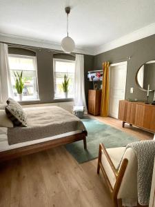 um quarto com uma cama grande e um espelho em JETHON Appartement in der Gasse em Grimschleben