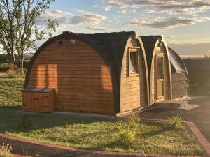 LeightonにあるHedgehog Glamping Pod School House Farmの小さな木造家屋(ドア、窓付)