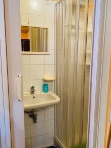 a bathroom with a sink and a shower at Cottage Gole Alcantara Gloria Room in Graniti