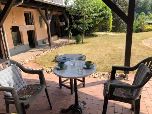 un tavolo e 2 sedie su un patio di Ferienwohnung mit Wasserzugang a Lychen