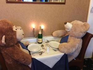 two teddy bears sitting at a table in front of a mirror at The Old Coach House in Buckie