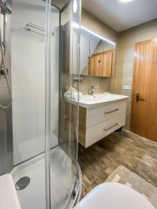 a bathroom with a shower and a sink at Ferienhaus Mörtl in Tröpolach