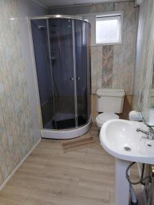uma casa de banho com um chuveiro, um WC e um lavatório. em Hostal Reymar em Puerto Natales