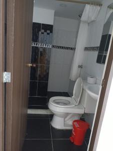 a bathroom with a toilet and a shower and a sink at Hotel Bayadera Real in Medellín