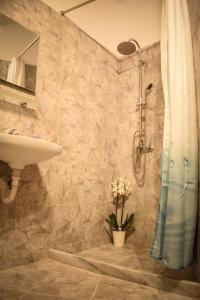 y baño con ducha y lavamanos. en Όμορφο διαμέρισμα στην περιοχή της Ηλιούπολης, en Atenas