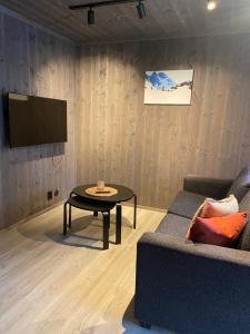 a living room with a couch and a table at Jotunheimen Husky Lodge in Randsverk