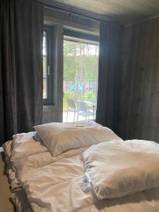 two beds sitting in a room with a window at Jotunheimen Husky Lodge in Randsverk