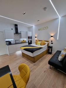 a bedroom with a large bed and a kitchen at Balco Vista Studio in Nottingham