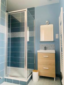 een badkamer met een douche en een wastafel bij Entre mer et falaises in Équihen-Plage