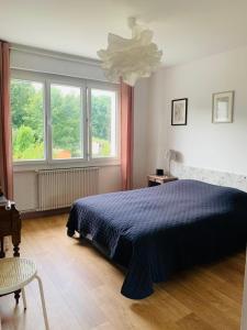 een slaapkamer met een blauw bed en een raam bij Entre mer et falaises in Équihen-Plage