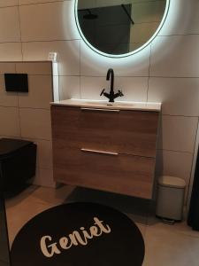 a bathroom with a sink and a mirror and a rug at Hippe Schuur in Tietjerk
