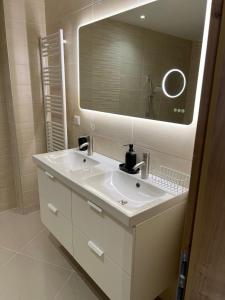 La salle de bains est pourvue d'un lavabo blanc et d'un miroir. dans l'établissement App 2 Mulhouse centre , 6 personnes, à Mulhouse