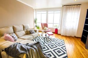 sala de estar con sofá y alfombra en Duplex acogedor CAMINO INGLÉS a 10 min de Santiago en Sigüeiro