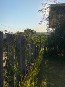 a garden with a wooden fence and flowers at Canto das Pedras Flats in Alto Caparao