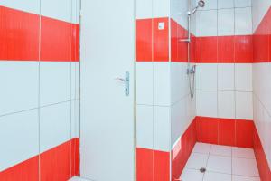 um chuveiro com azulejos vermelhos e brancos na casa de banho em Apartments with a parking space Vir - Lozice, Vir - 19099 em Vir