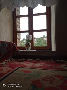 ein Fenster mit einer Vase mit einer Blume in einem Zimmer in der Unterkunft Guest House Salaria in Gjirokastër