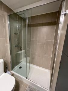 a shower with a glass door in a bathroom at PuertoVaras410 in Puerto Varas