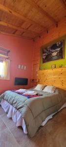 - une chambre avec un grand lit et un mur en bois dans l'établissement La Ribera - Saint Exupéry 90, à El Chalten