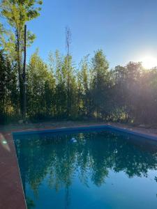 a swimming pool with the reflection of trees in the water at Eco-Hostel Lo de Lola in San Fernando del Valle de Catamarca