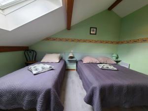 2 camas en una habitación con paredes verdes en Gîte Le Val-d'Ajol, 2 pièces, 2 personnes - FR-1-589-172 en Le Val-dʼAjol