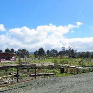 een boerderij met een hek en een veld met bomen bij Cabañas Juan José in Castro