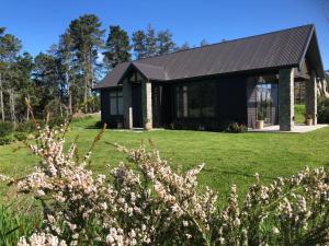 a black house with a black roof at River View Cottage in Kahuranaki