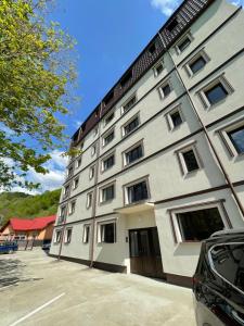 a large gray building with a lot of windows at Bibis Apartments in Nehoiu