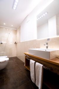 La salle de bains est pourvue d'un lavabo et de toilettes. dans l'établissement Garni Hotel and Apartments Wildbach, à Selva di Val Gardena