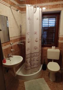 a bathroom with a toilet and a shower curtain at Rooms with WiFi Ston, Peljesac - 19339 in Ston