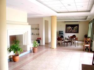vestíbulo con chimenea y comedor en Hotel del Centro, en Aimogasta