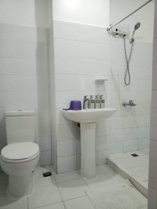 マニラにあるThe Purple Tree Hostelの白いバスルーム(トイレ、シンク付)