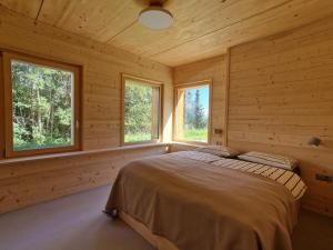 1 dormitorio en una cabaña de madera con 2 ventanas en Chalet ski-in ski-out Nendaz, en Nendaz