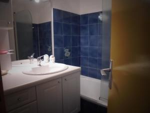 カネ・アン・ルシヨンにあるAppartement T2 vue Mer et Port,2 balcons, Parking privéの青いタイル張りの壁、洗面台付きのバスルーム +24枚の写真