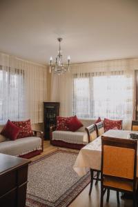 a living room with couches and a chandelier at Ağva Marina House in Istanbul