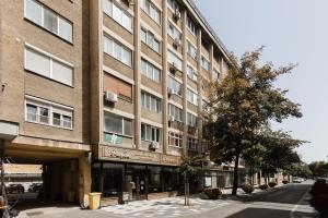 a building on a street with a tree in front of it at Joy City Stay Victoriei 7D-8 in Timişoara