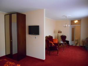 a living room with a tv on a wall at Hotel Posthof in Sankt Wendel