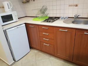 kuchnia z białą lodówką i zlewem w obiekcie Centrum Noclegowe Apartament 3 w Bydgoszczy