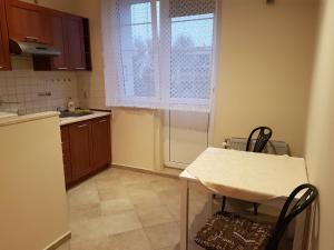 małą kuchnię ze stołem i oknem w obiekcie Centrum Noclegowe Apartament 3 w Bydgoszczy