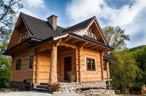 uma cabana de madeira com um telhado preto em Domek Łemkowski em Ustrzyki Dolne