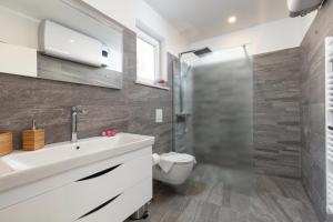 ein Badezimmer mit Toilette, Waschbecken und Dusche in der Unterkunft Apartments by the sea Puntinak, Brac - 19491 in Selca + 16 Fotos